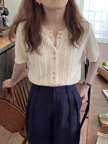 Women's Casual Loose Vacation Style Contrast Color Mesh Short Sleeve Top, Summer - Beige - View 4