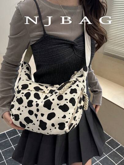 Corduroy Cow Pattern Casual Minimalist Zipper Large Capacity Lightweight Versatile Women Underarm Shoulder Bag, Hobo Crescent Bag