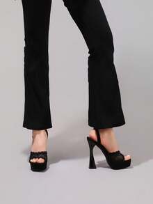 Fashionable Lace Embroidered Black High Heel Sandals, Open Toe Square Heel Wedge Slippers, High Platform Heels For Women, Sexy Party Shoes - Black - View 7