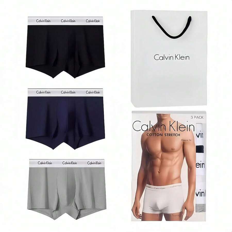 Calvin Klein 3-Pack Premium Gift Set Boxer Briefs | Men's Soft Breathable Cotton Underwear With White Trim, Includes Gift Bag - 黑藍灰 - 查看 1