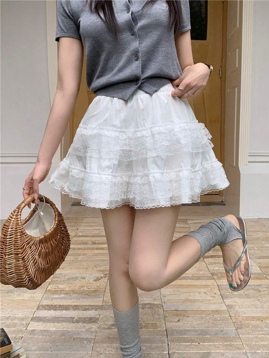 Chân váy mini dáng xòe chữ A bồng bềnh, viền ren trắng, kiểu ballet dành cho nữ, thích hợp cho mùa xuân/hè. - trắng - Xem 1