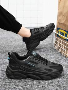 Sepatu Sneakers Chunky Gaya Retro, Patchwork Hitam, Sol Tebal, Peredam Guncangan, Cocok Untuk Lari & Pakaian Kasual, Desain Tali dengan Grafis Huruf - Hitam - View 3