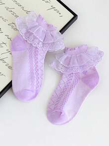 1 par de medias de media pantorrilla con doble capa de encaje y cordones para niñas, calcetines de malla transpirables para baile, cómodos y elegantes calcetines de princesa, estilo ligero para primavera y verano, adecuados para fiestas diarias y bailes, regalo para el Día de la Madre, colores aleatorios - Morado - Ver 4