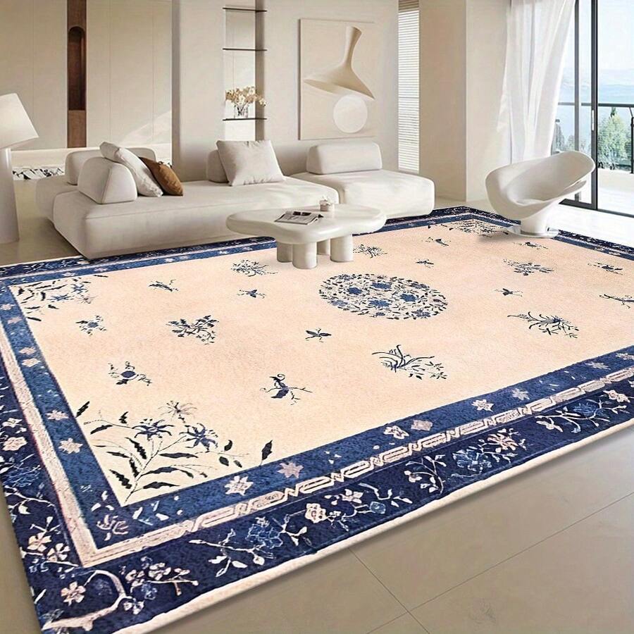 Chinese-Style Blue And White Floral Pattern Floor Mat, Rectangular Shape, Durable Bathroom Mat, Stylish, Soft, Suitable For Bedroom, Living Room, Office, Study, Hallway, Game Room, Balcony, Outdoor Carpet, Durable, Stylish, Soft, Can Be Used In Various Places - 1PC - 查看 1
