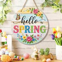 1pc "Hello Spring" Wooden Colorful Floral Welcome Wreath, Adorned With Vibrant Flowers, Cheerful Butterflies And Bees, Suitable For Front Door, Farmhouse Porch Decoration, Rustic Round Wreath Decoration, Home And Outdoor Decor - Multicolor - View 5