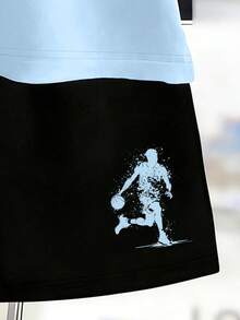 青少年男童时尚涂鸦篮球印花圆领T恤+短裤新款夏季休闲套装 - 彩色 - 查看 8