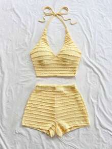 Soleia 2pcs/Set Women Vacation Outfit - Sweet And Cute Romantic Country Style Pale Yellow Textured Knit V-Neck Spaghetti Strap Top And Shorts Set, Bohemian, Boho, Romantic Floral Yellow Two Piece Set Summer Two Piece Set Butter Yellow Two Piece Set Yellow Bathing Suit Set Beach Two Piece Set - 藍色 - 查看 10