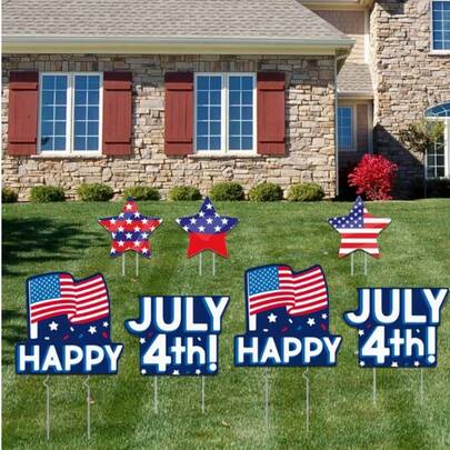 2D Flat Outdoor Holiday Yard Decor Set - Patriotic Star Stripe Yard Sign - 7 Piece, Outdoor Independence Day Garden Lawn Decor - Red White Blue. Suitable For Summer Decor, Yard Decor, Outdoor Ground Stake