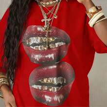 2026 Summer ShirtCoolane Women's Summer Concert Streetwear Vintage Casual Y2K Hippie Old Money Comfortable Lips Graphics Oversized White TeesLoose An - 紅色 - 查看 8