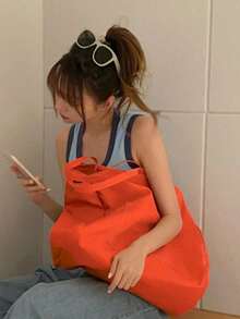 Túi tote thời trang tối giản màu trơn bằng vải canvas, dung tích lớn, đa năng, túi mua sắm, túi đựng đồ trang trí, một món đồ không thể thiếu cho mùa Giáng sinh. - trái cam - Xem 3