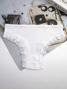 4pcs Women's Lace Trim Soft Ribbed Cotton Panties - White - View 6