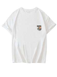 Nueva Camiseta de Verano Minimalista con Estampado de Ramen, Cuello Redondo y Manga Corta, Versátil y Adecuada para Mujeres - Blanco - Ver 3