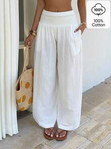 Sunnyshic Women's Elegant Solid Color Slant Pocket Elastic Waist Pants - trắng - Xem 8
