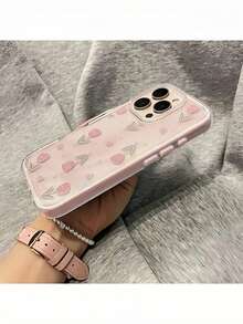 1pc Pink Tulip & Heart Aesthetic Pattern 2-In-1 Frame High-End Transparent Full Coverage Thick Anti-Fall Fashion Phone Case Suitable For IPhone11/12/13/14/15/16/17 Pro Max/Plus/Air, Shock-Proof Protective Cover, Exquisite Gift - Pink - View 3