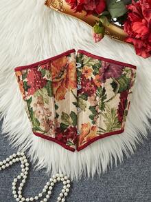 Vintage Red Floral Jacquard Corset Belt, Fishbone Waist Cincher Design, Buckle Support & Back Tie, Niche Countryside Style Layering Piece - The Flower Is Bright Red - View 2