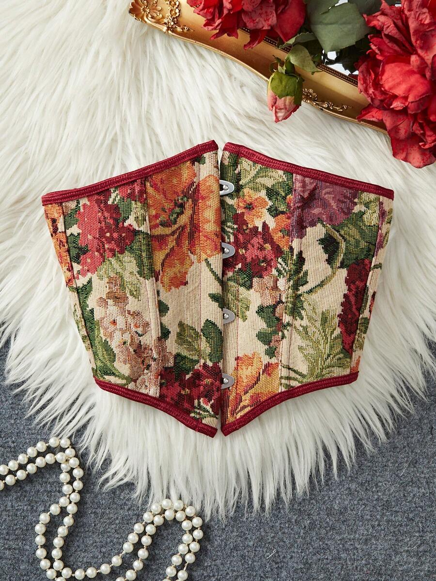 Vintage Red Floral Jacquard Corset Belt, Fishbone Waist Cincher Design, Buckle Support & Back Tie, Niche Countryside Style Layering Piece