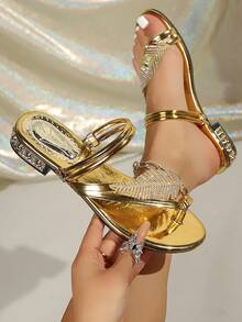 优雅黑色水钻羽毛平底人字拖，女神百搭凉鞋 - 金色 - 查看 5