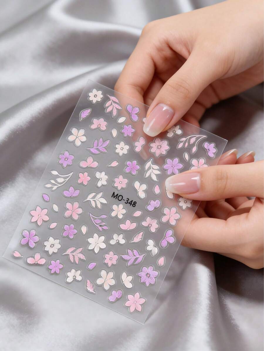 Summer Floral Embossed Nail Stickers, Delicate Chinese Style Embroidered Flower Petal DIY Nail Art Decals - Pink - View 1