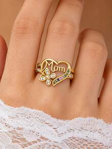 Hollow Heart Letter Mom Ring,Zirconia Rhinestone Butterfly Ring, Mother's Day Jewelry Gift For Mama Mom Mother From Son Or Daughter - 1 - View 2