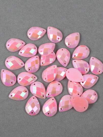 50pcs/Pack, 13*18mm Large Size Teardrop Acrylic Rhinestones, Solid Pink AB Flat Bottom Rhinestones With Double Holes, Hand Sewn Rhinestone Decor For Clothes And Dresses