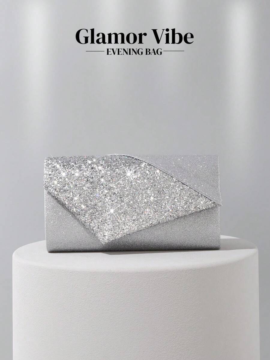 Sparkling Rhinestone Decorated Evening Clutch - Silver Glitter Envelope Bag With Detachable Chain, Suitable For Weddings, Galas And Parties