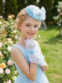 2pcs/Set Sky Blue Crown Net Veil Rhinestone Bow Fascinator Hat + Bow Gloves, Bridal Shower, Wedding, Party Photo Booth Props, Floral Wreath, Wrist Corsage, Matching Mother-Daughter - Baby Blue - View 8