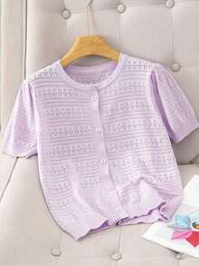 GIGOGOU Women's Breathable Knit Cardigan T-Shirt, Fashionable Short Sleeve Top, Spring/Summer - Purple - View 6