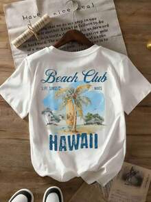 Women's Casual Vintage Summer Beach Print T-Shirt, Crew Neck, Short Sleeves, White, Summer Tops - White - View 5