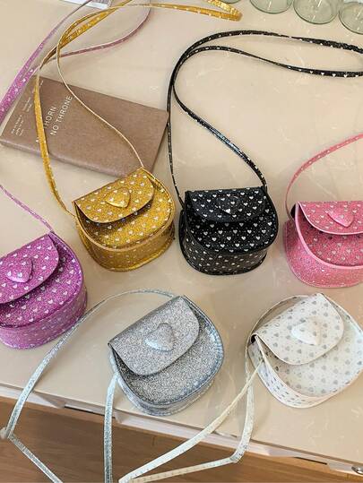 心形迷你斜挎包，翻盖设计，多功能女童单肩零钱包，可爱亮片单肩包配饰，口红包，适合购物、聚会、日常使用