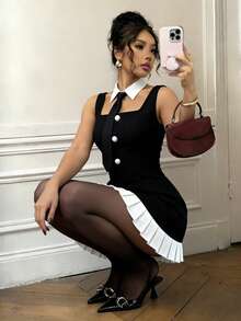 GOODAA  Vestido informal con botones delanteros, tirantes anchos y parchwork en blanco y negro para mujer - Negro - Ver 4