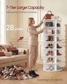 VASAGLE 7-Tier Rotating Shoe Rack Tower, Free Standing 360 Degree Spinning Shoe Organizer, Lazy Susan Bag Display Storage Rack, For Corners, Closets, Small Spaces - White - View 3