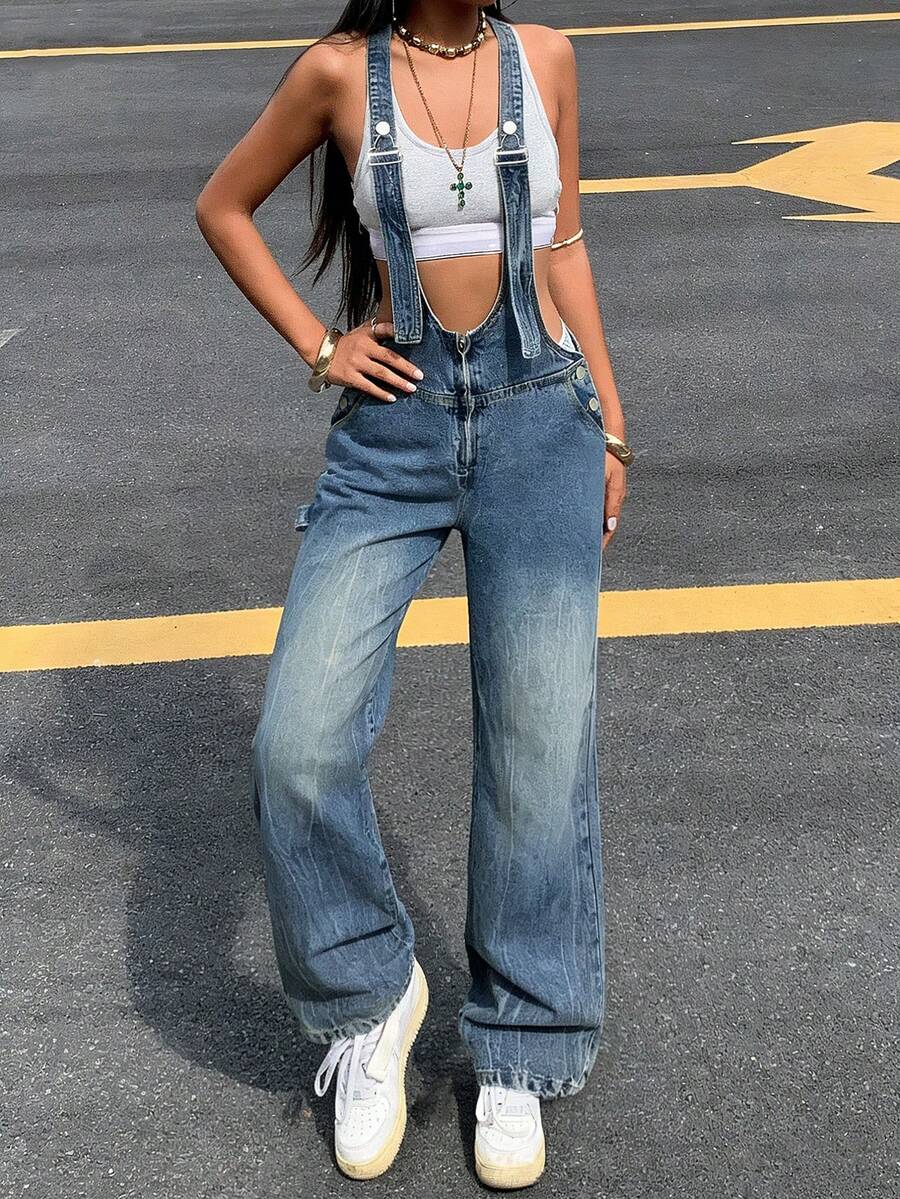 Low Waisted Shoulder Strap Wide Leg Jeans - Retro Washed Blue - View 1