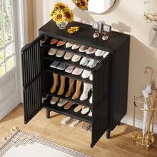 LITTLE TREE 29.53" 6-Tier Shoe Cabinet With Shutter Doors For Small Spaces,Retro Freestanding Shoe Organizer With Adjustable Shelves, Space-Saving Shoe Rack For Entryway Hallway Closet Apartment,Black&Dark Walnut - 黑色 - 查看 10