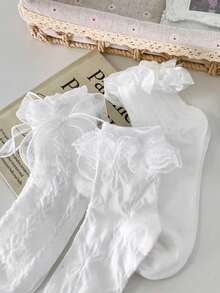 1/2/3/6 pares de calcetines de media caña versátiles y dulces con adornos de encaje, trenzados y lazos estilo Lolita - Multicolor - Ver 10