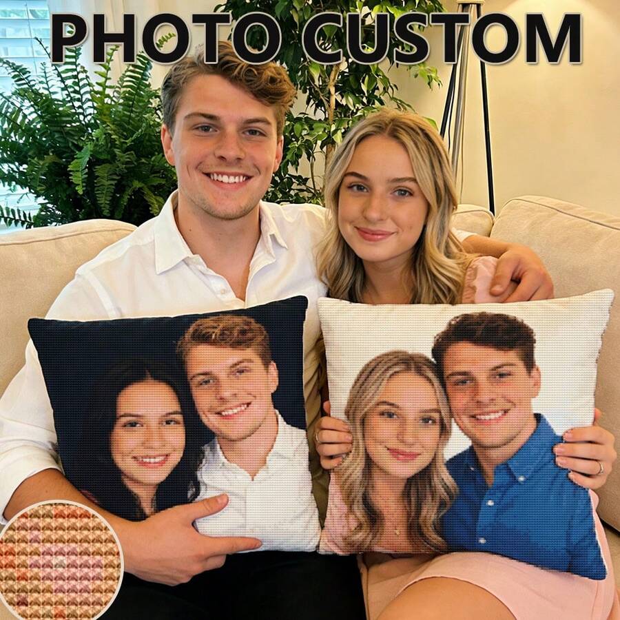 1PC 45X45 Customized Photo Cross Stitch Pillow Kit, Printed Canvas, With Pillow Core, Suitable For Occasions Such As Mother's Day/Father's Day/Thanksgiving/Teacher's Day, Creating Your Own Personalized Photo Pillowcase. The Ideal Gift For Family, Friends, And Oneself. Washable, Lightweight And Breathable - Multicolor - View 1