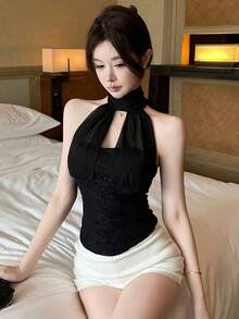 性感透视网纱拼接露背系带短款背心，收腰设计，夏季休闲叠穿 - 黑色 - 查看 5