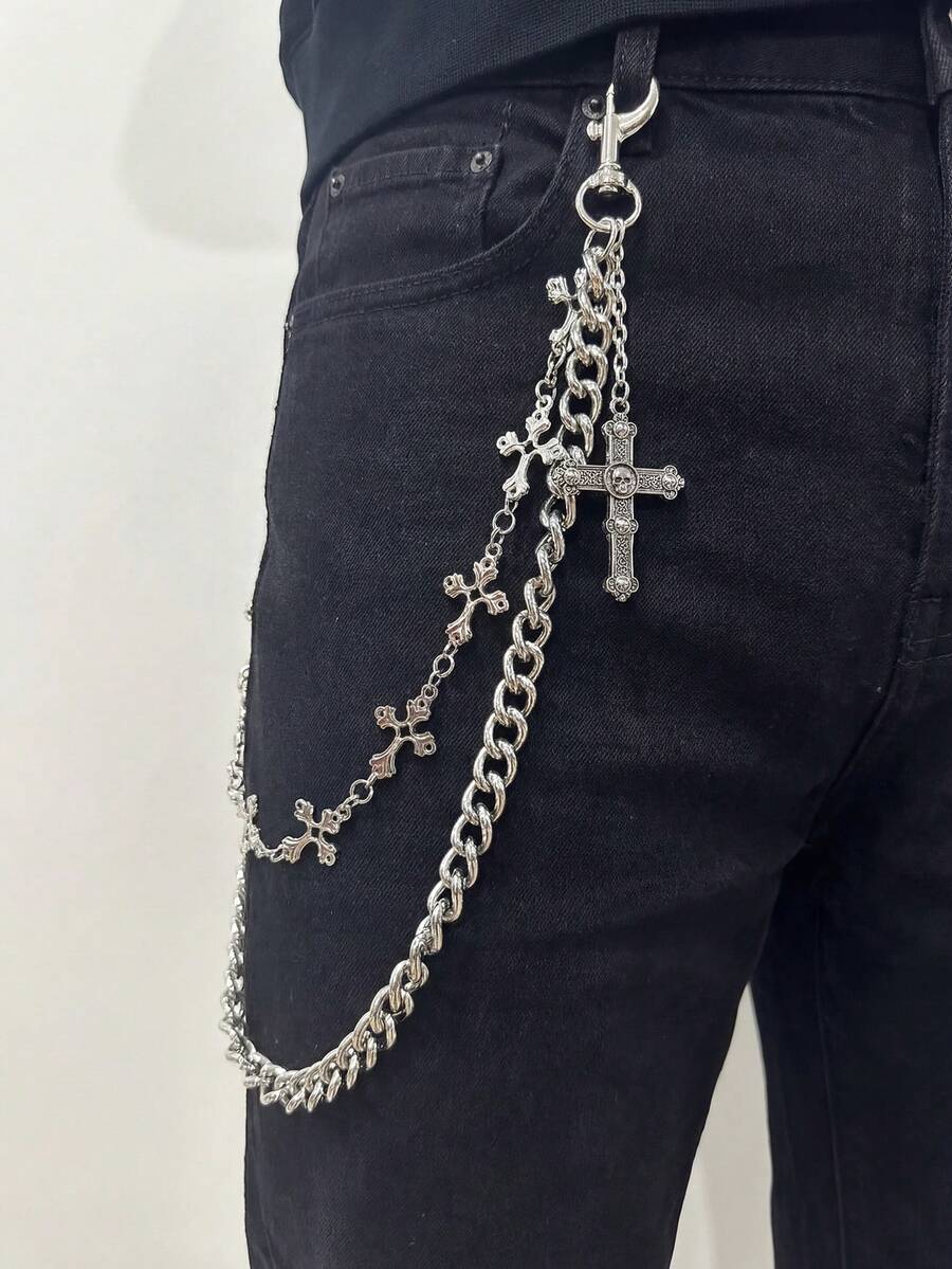 1pc Fashion Gothic Thick Silver Chain With Cross Pendant Pants Chain, Suitable For Suit Pants, Jeans And Casual Pants, Daily Street Party Wear Accessory For Men And Women - Multicolor - View 1
