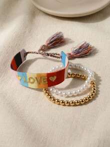 Bộ 3 vòng tay thủ công kiểu dáng nghỉ mát biển màu xanh dương, làm bằng dây bện, thêu chữ và đính ngọc trai giả. - Nhiều màu - Xem 7