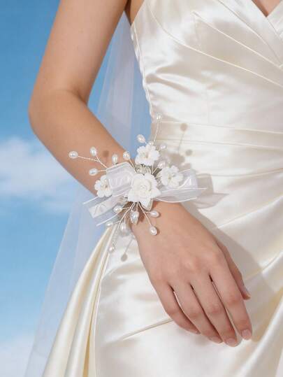 1/5Pcs Fashion Delicate Crystal Wrist Corsage Pearl Floral Bridal Bracelet With Organza Bow Elegant Wedding Accessory For Brides And Bridesmaids