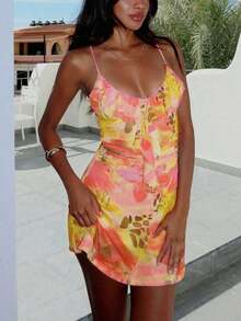 Floral Print Ruffle Trim Cami Mini Casual Vacation Dress Party Summer - 黃花 - 查看 6