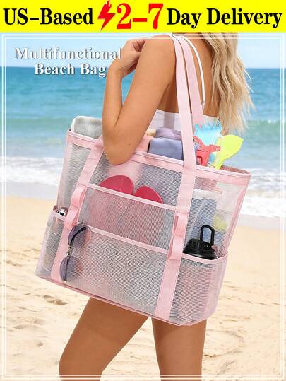 Mesh Beach Bag Large Beach Tote Bag For Women Openwork Large-Capacity Swim Bag & Shoulder Bag Breathable And Portable Swimwear Storage Bag Foldable Handbag Toys Pool Bag For Family Travel Vacation Cruise Essentials Perfect For Pool Fun Beach Vacations Picnics Camping And The Gym