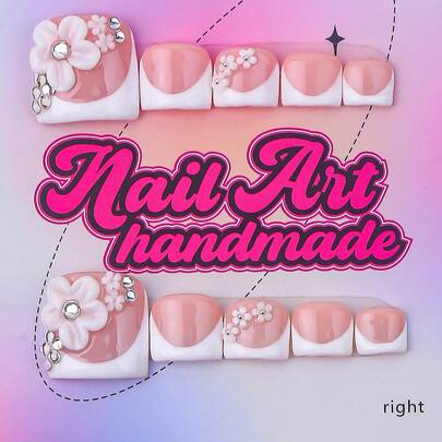 10pcs Shiny Square Fake Nails, Handmade Pink Toenails, Multifunctional Handmade 3D Flower Toenails, Hand-Painted Purple French Tip Style, Shiny Gold Rhinestone Decor, Elegant Sexy Toenails Suitable For Women's Party, Suitable For Women And Girls, Party, Wedding, Daily Wear, Includes Tool Kit. Handmade Fake Nails And Toenails. Summer Toenails. Short Toenails. Nail Stickers. Nail Art Supplies Handmade Stickers