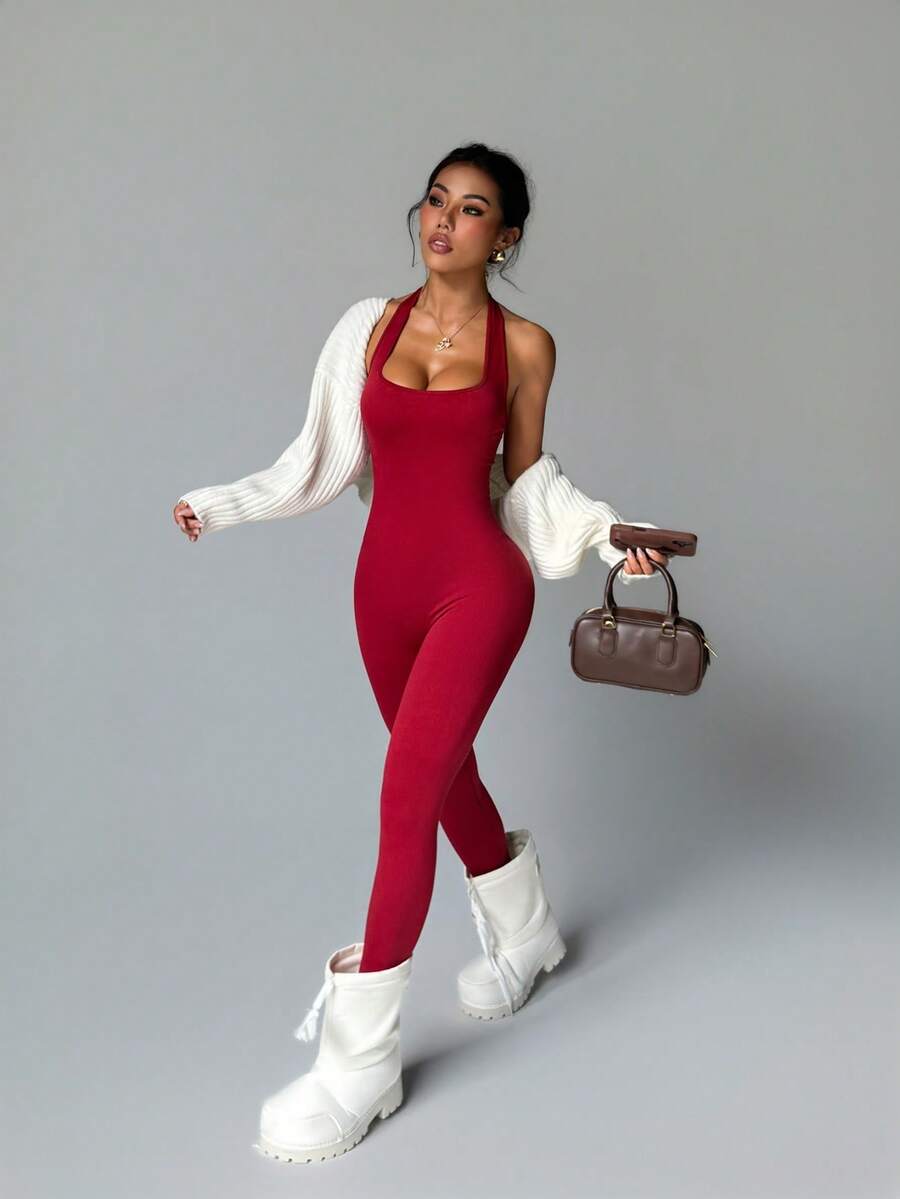 Bộ áo liền quần yoga cổ yếm màu đỏ rượu vang dành cho nữ, kiểu dáng gợi cảm, cạp cao, ôm sát tôn dáng, thích hợp cho mùa xuân/hè. - Màu Đỏ Sâu - Xem 1