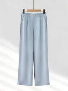 Women's Spring/Summer Commuter Pleated Design 3/4 Sleeve Loose Single-Breasted Blazer & Wide Leg Pants Set - Baby Blue - View 5