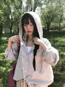 2026夏季格子连帽休闲衬衫，韩版宽松设计短款小号衬衫外套，适合娇小女性 - 彩色 - 查看 7
