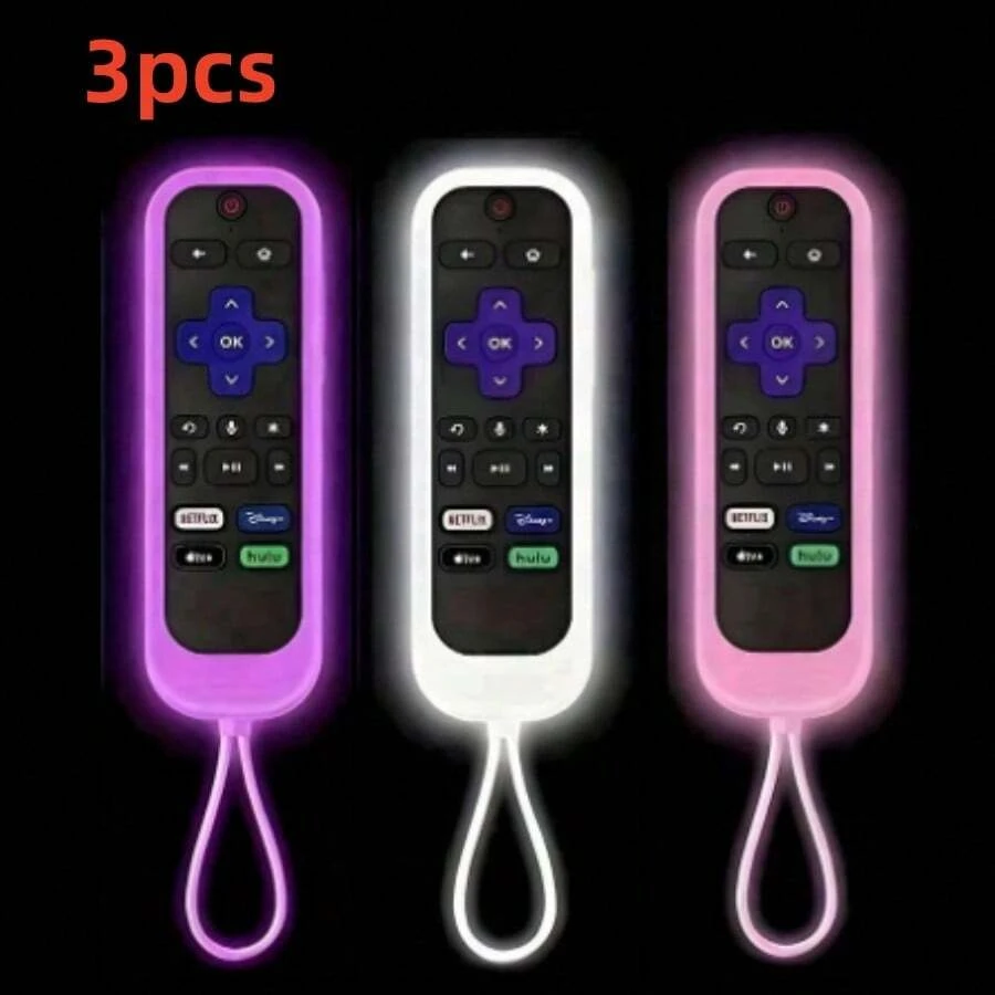 3 piezas Funda protectora de silicona luminosa para control remoto de la serie ROKU RC280TV, anti-caída, que brilla en la oscuridad para un mejor uso nocturno - Rosa Púrpura Blanco - Ver 1
