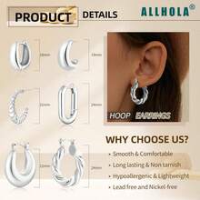 6 Pairs 14K Gold Plated Hoop Earrings Women Lightweight Chunky Hoop Earrings Multipack, Thick Open Twisted Huggie Hoops Earring Set Jewelry Gifts. - Silver - View 4