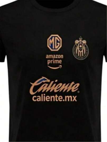 Camiseta para diario,Camiseta negra con diseño deportivo estilo futbolístico Women's T-Shirt con logos de MG amazon prime y Caliente caliente mx ideal para eventos deportivos y uso diario en temporada cálida perfecta para regalar a amantes del fútbol y seguidores de equipos mexicanos