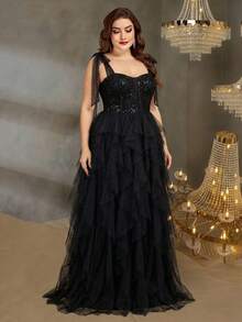 BluePlum Plus Size Layered Mesh Ruffle One-Shoulder Pleated Sequin Patchwork Herringbone Vintage Formal Gown Black Wedding Party - Black - View 4