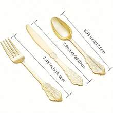 90Pcs Elegant Gold Heavy Duty Disposable Plastic Cutlery Set For 30 Guests, Sturdy Anti-Warp Knives Forks Spoons, Durable Tableware For Daily Kitchen, Wedding, Party, Valentine's Day, Christmas, New Year, Ideal Mother's Day Gift. - View 5